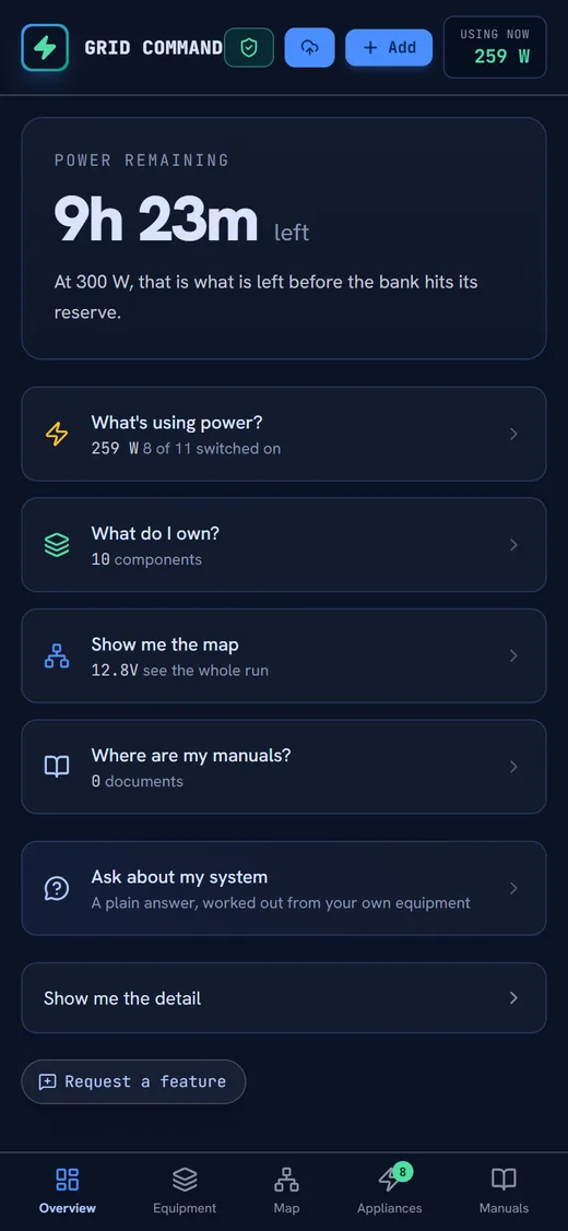 The overview screen on a phone. One large figure reads 9 hours 23 minutes left, with the line: at 300 watts, that is what is left before the bank hits its reserve. Below it, four cards ask what is using power, what do I own, show me the map and where are my manuals.