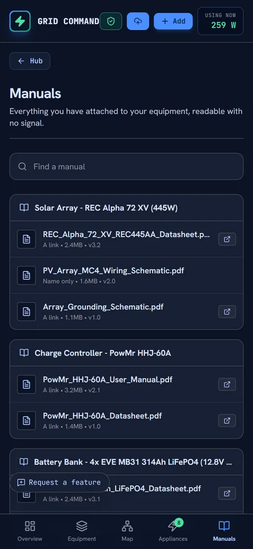 The manuals screen on a phone, listing documents grouped under the equipment they belong to, each marked as being on this device or as a link.